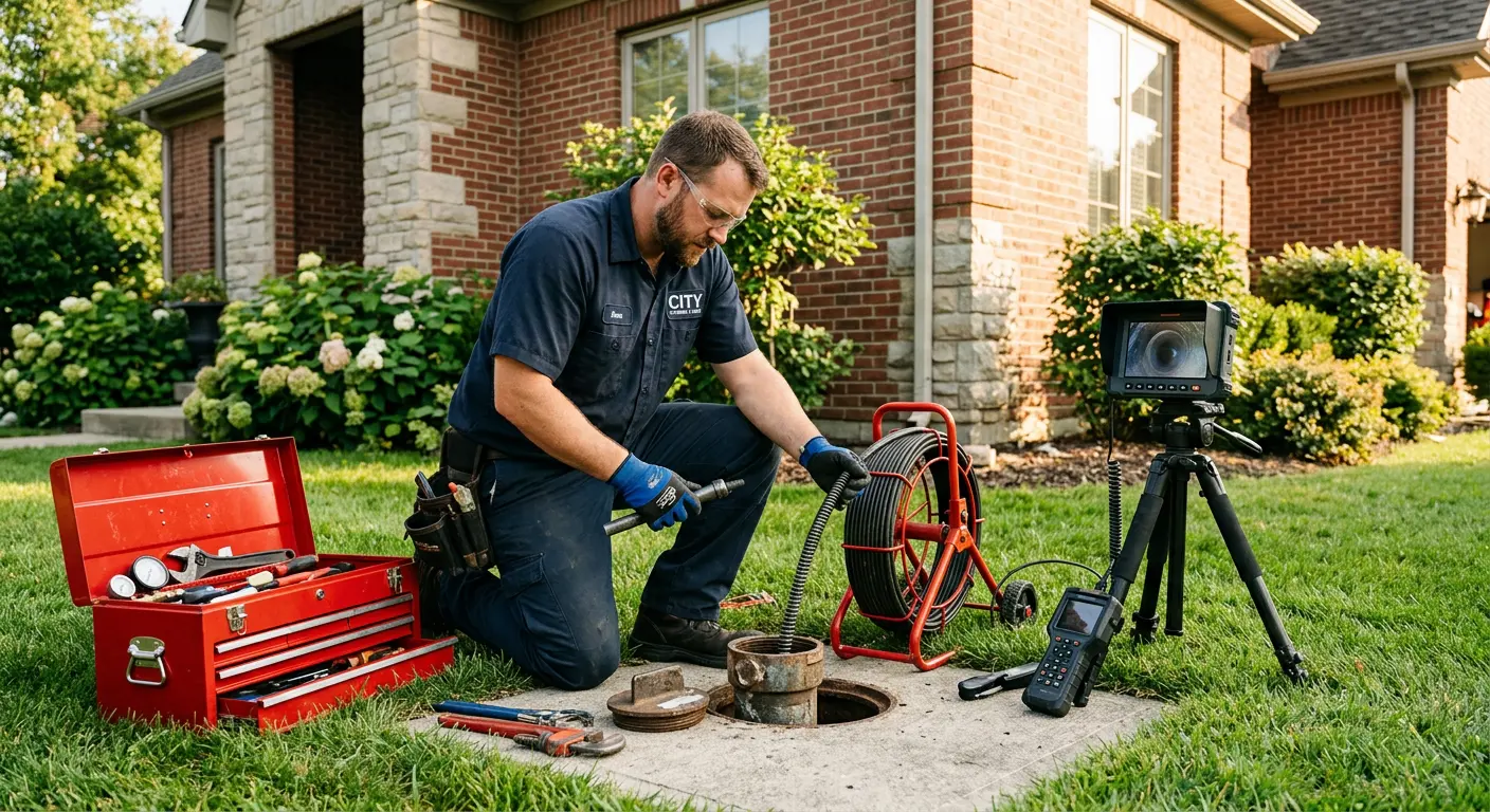 Sewer specialist with camera equipment servicing a cleanout in Van Alstyne