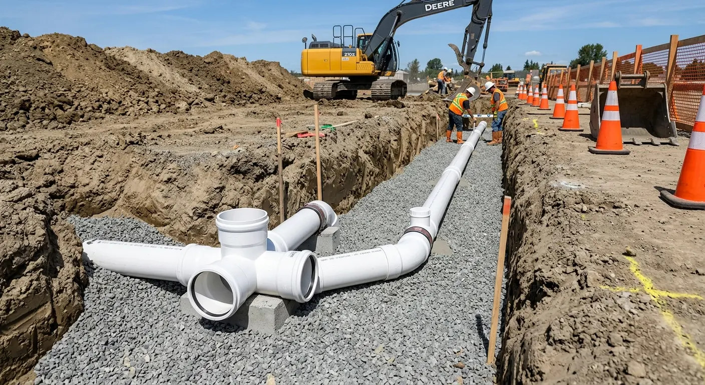New PVC sewer pipe installation in open trench for Sewer Backup in Van Alstyne
