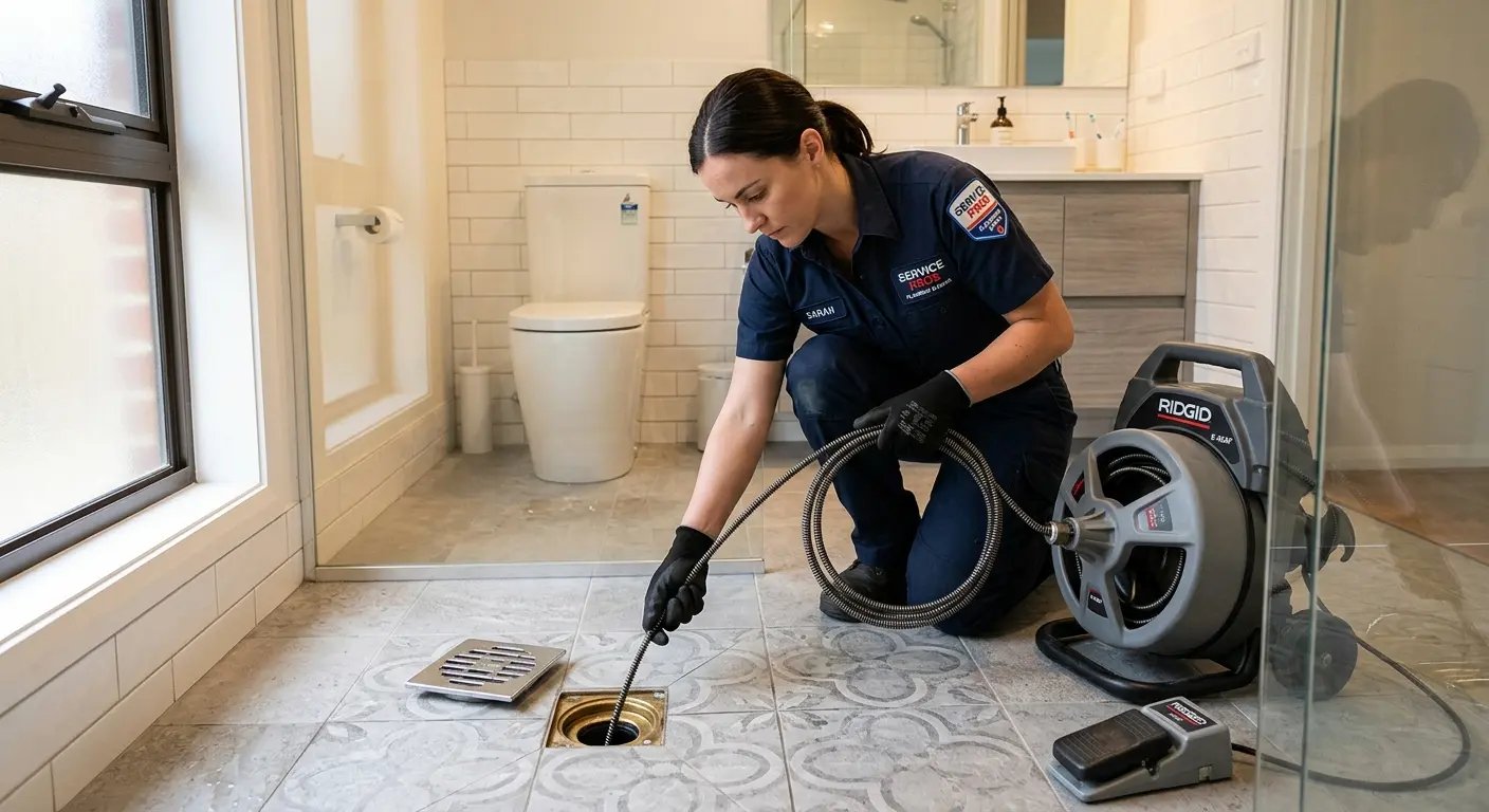 Technician clearing a bathroom floor drain for Drain Cleaning in Van Alstyne